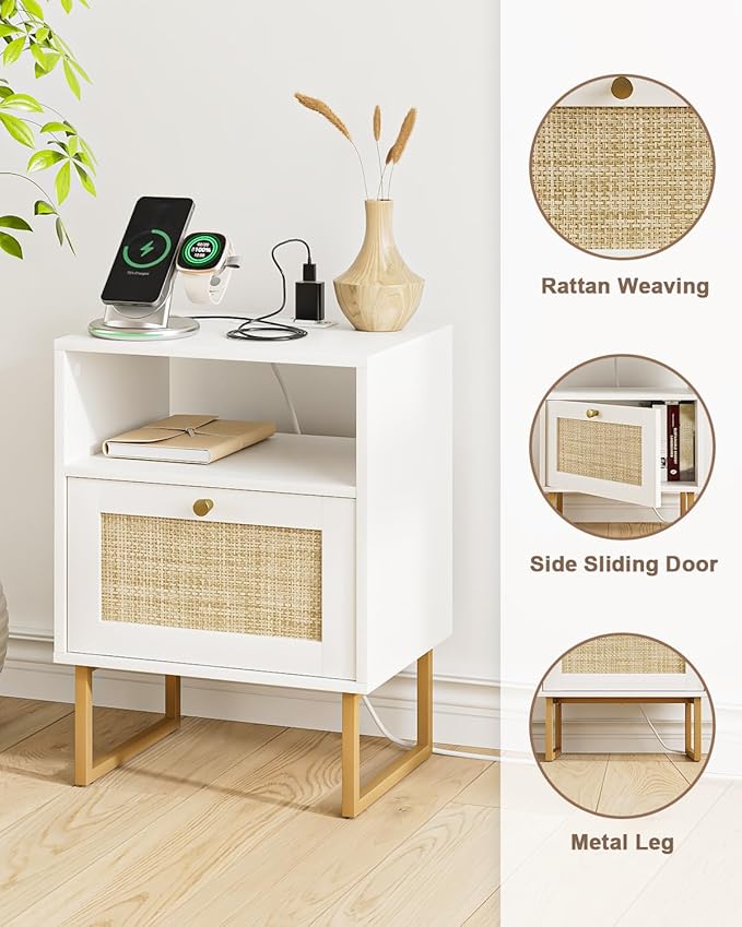 Rattan Nightstand with Charging Station, Mid Century Modern Night Stand,Boho Farmhouse Wood Bedside Table with Storage and Open Shelf, End Side Accent Table for Bedroom,Living Room,White
