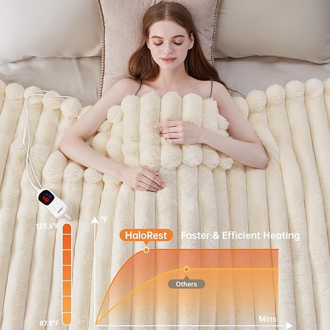 Heated Blanket Full Size, Faux Fur Cozy Heating Blanket with Overheat Protection, 1/2/4/6/8 Hours Auto-Off 10 Heat Level, Machine Washable (72x84 Inches, Cream White)