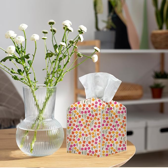 Tissue Box Cover, Tissue Box Holder, Square with Belt Bottom, PU Leather Decorative Organizer for Desk, Tabletop, Countertop Bathroom, Bedside Car, Office, Dresser Kitchen, Aesthetic Flower Decor