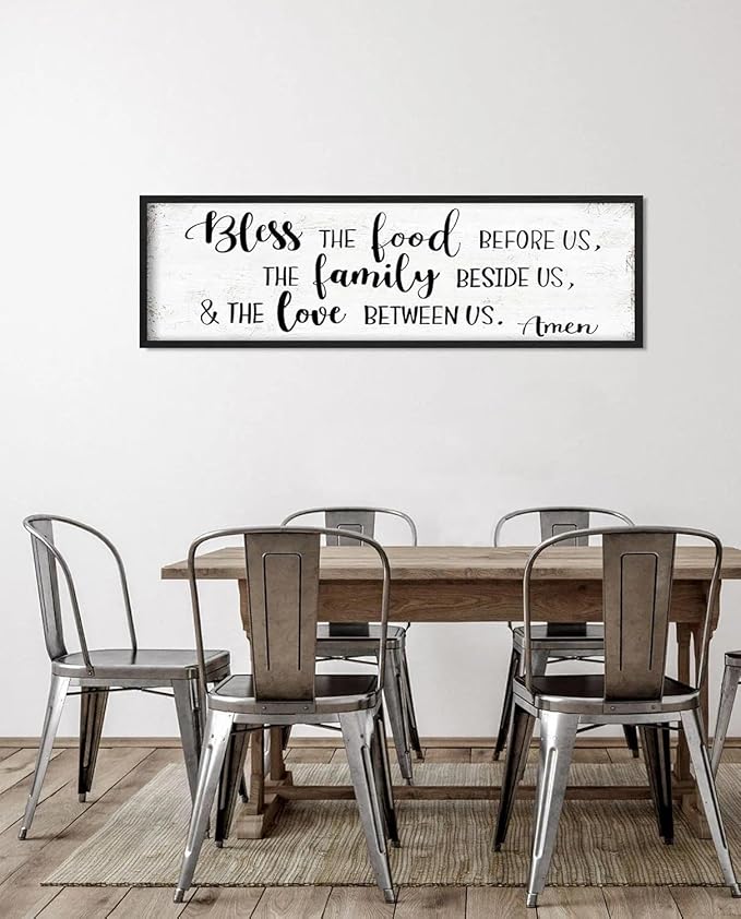 Bless the Food Before Us Wall Decor: Christian Bible Verse Wall Art Farmhouse Kitchen Dining Room Framed laque with Sayings - The Family Beside Us and The Love Between Us Signs 16"x48"