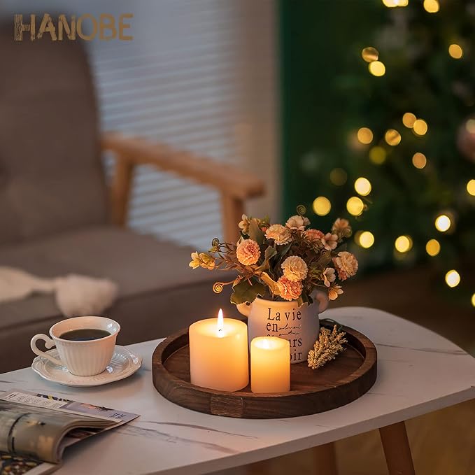 Hanobe Candle Plate Holder Tray: Decorative Wooden Tray Rustic Round Plate Farmhouse Centerpiece Small Candle Holder Trays for Coffee Table Living Room Kitchen Vintage Home Decor