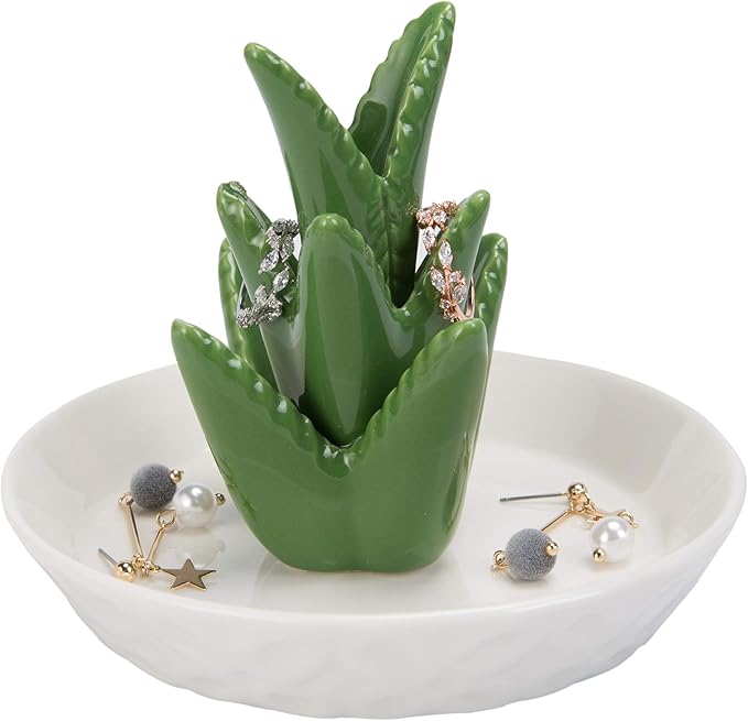 HOME SMILE Ceramic Aloe Ring Holder with Derorative White Dish Dish for Jewelry,Christmas Birthday Gifts
