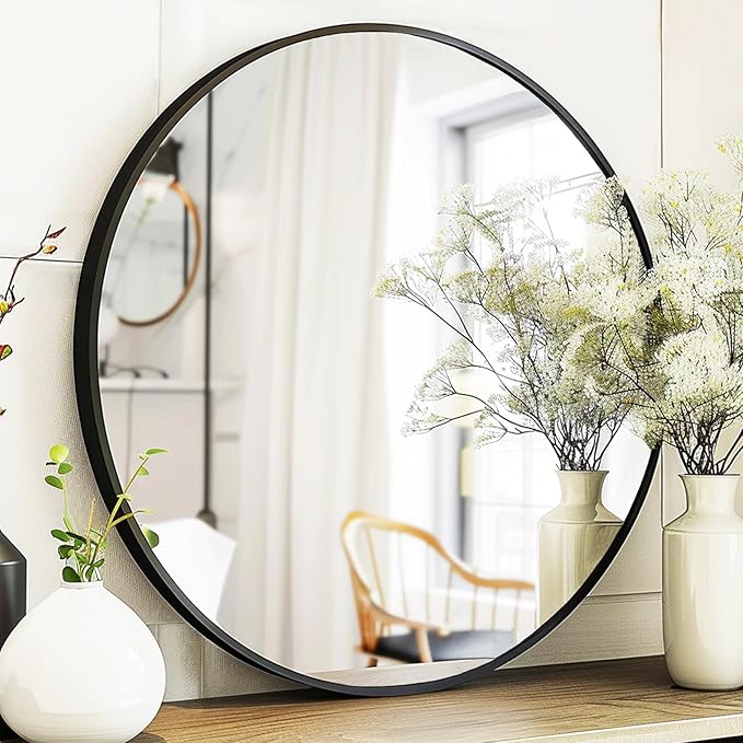 Black Round Mirror, Round Mirror 24 inch, Black Circle Mirrors Metal Frame, Wall Mounted Mirrors for Living Room, Bathroom, Wall, Entryway.