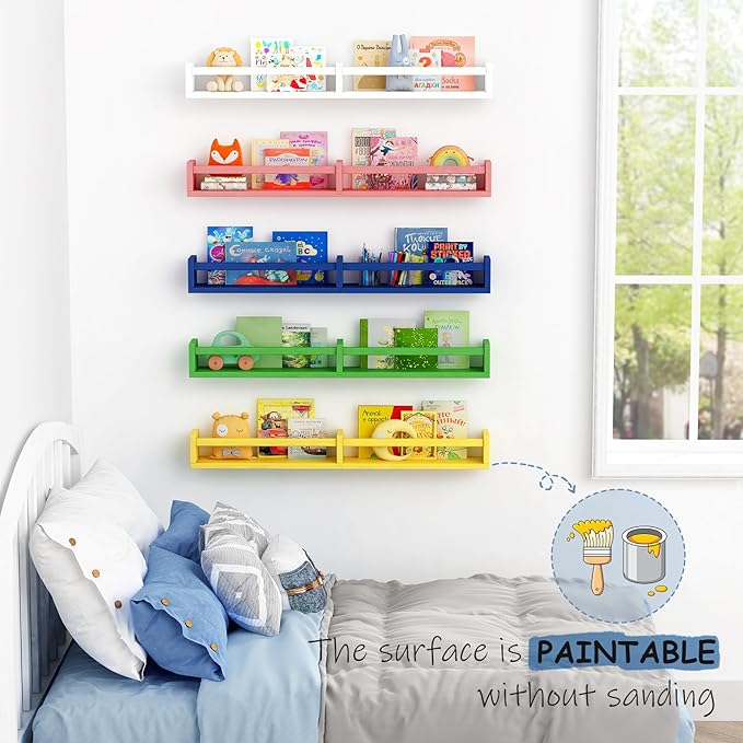 Floating Nursery Book Shelves for Wall, 32 Inch Long Bookshelf for Kids Room, Wooden Large Wall Shelf with Hanging Rod for Baby Toddler Child Bedroom (3-Pack, Natural Wood)