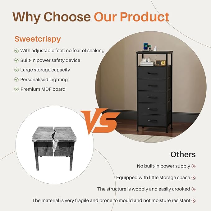 DUMOS Nightstand with Charging Station, Bedside End Table with 5 Fabric Drawers & USB/Type-C Ports and Outlets, Night Stand for Bedroom Furniture, Adjustable Feet and Variable Light Strip, Black