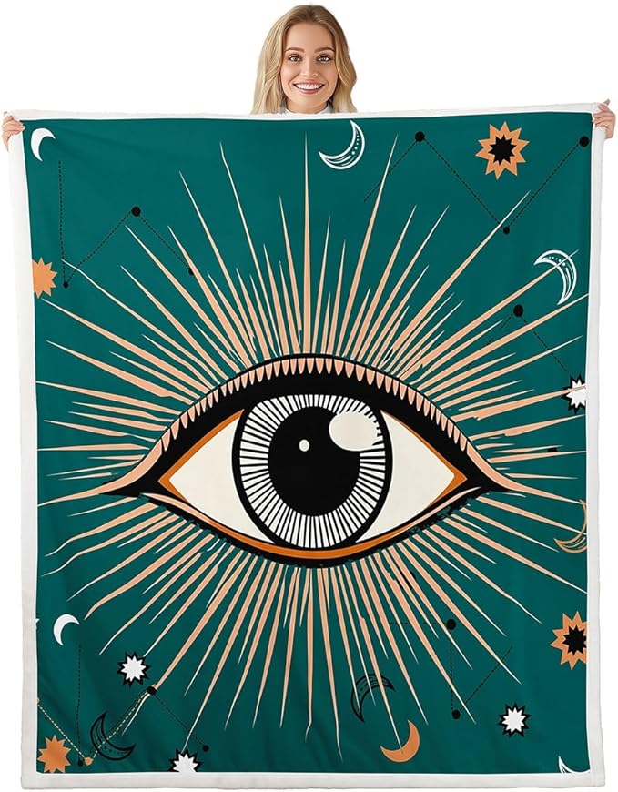 Eye Stars Crescent Throw Boho Sun Moon Fleece Blanket Soft Lightweight for Bed Couch, Exotic Tribal Indian Fatima Hamsa Oriental Mysterious Sherpa Blanket for Kids Teen Adults, 50"x60"