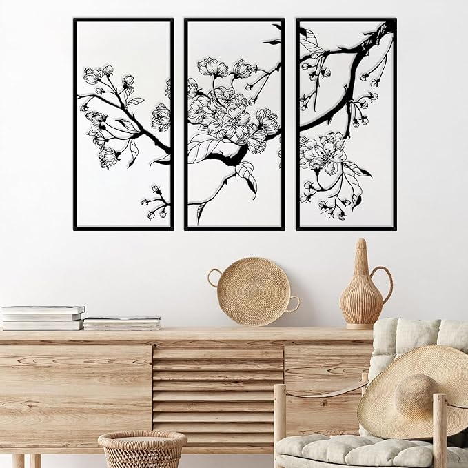 ruelen 3 Pieces Metal Flowers Wall Decor, Modern Abstract Minimalist Floral Line Sculpture Decor Hanging Wall Art for Kitchen Bedroom Living Room Above Bed Bathroom Office (Black)