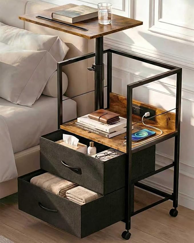 360° Swivel Nightstand with Height Adjustable, Lift Top Bedside Table with Charging Station, Rolling Night Stand with 2 Fabric Drawers, End Table with Wheels, for Bedroom, Living Room, Brown Black