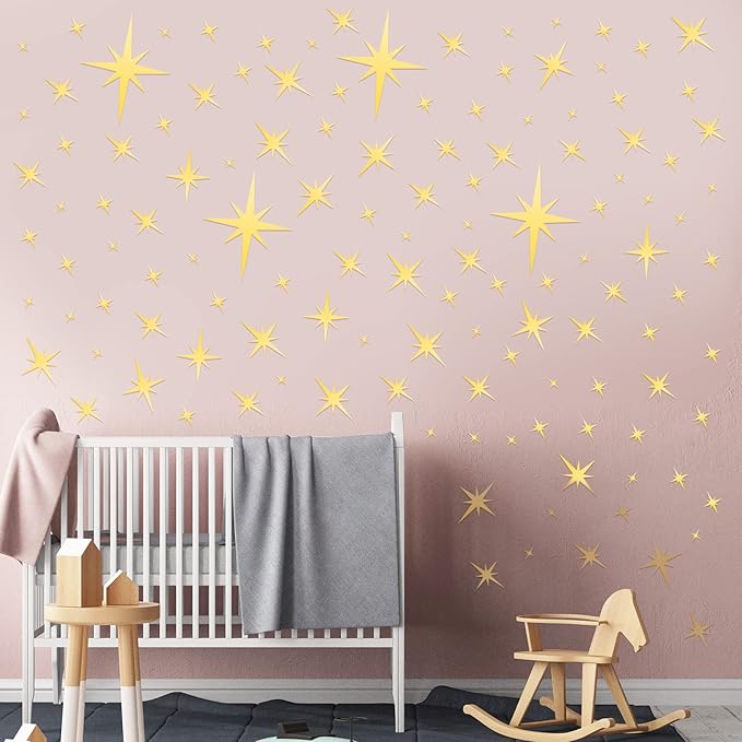 Zonon 82 Pieces Mirror Wall Stickers Star Wall Decals Decor Removable 3D Acrylic Mirror Star Setting Sticker for Ceiling Home Bedroom Living Room Girls Room Decor(Gold)