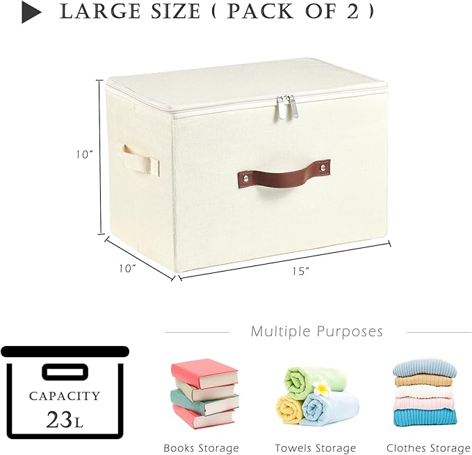 2 Pack Storage Bins with Zipper Lid Cotton Linen Fabric Lidded Storage Baskets Boxes Foldable Washable Closet Shelf Clothes Organizer Container with PU Leather Handles (Beige, Large Size)