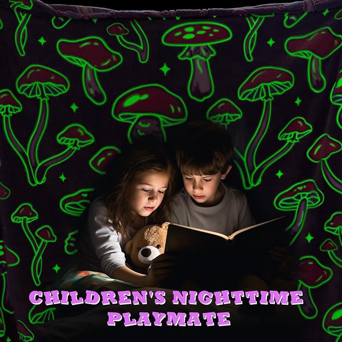 Glow in The Dark Cute Mushroom Throw Blanket Mushroom Blankets for Adult Girls Decor Soft Fleece Blanket Twin for Kids Bed Couch Kids Birthday