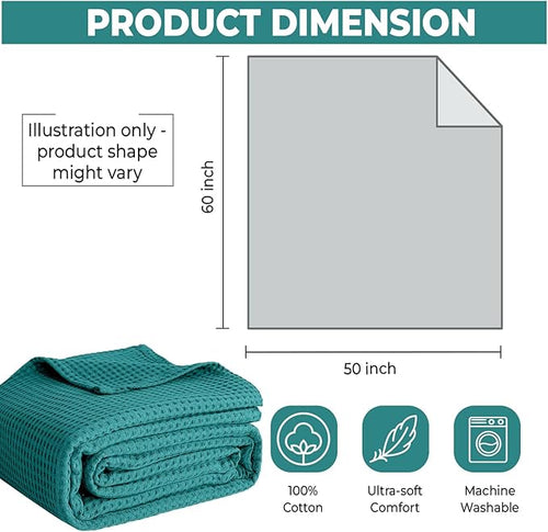 100% Cotton Blankets for Bed - Waffle Weave Blankets for Summer, Lightweight and Breathable Soft Woven Blanket for Spring (Teal, Throw (50" x 60"))