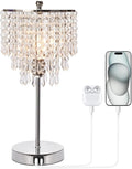 Touch Control Crystal Table Lamp with USB C+A Charging Ports, 3-Way Dimmable Bedside Touch Lamp Decorative Nightstand Lamp with Elegant Lampshade for Living Room Bedroom, B11 LED Bulb Included