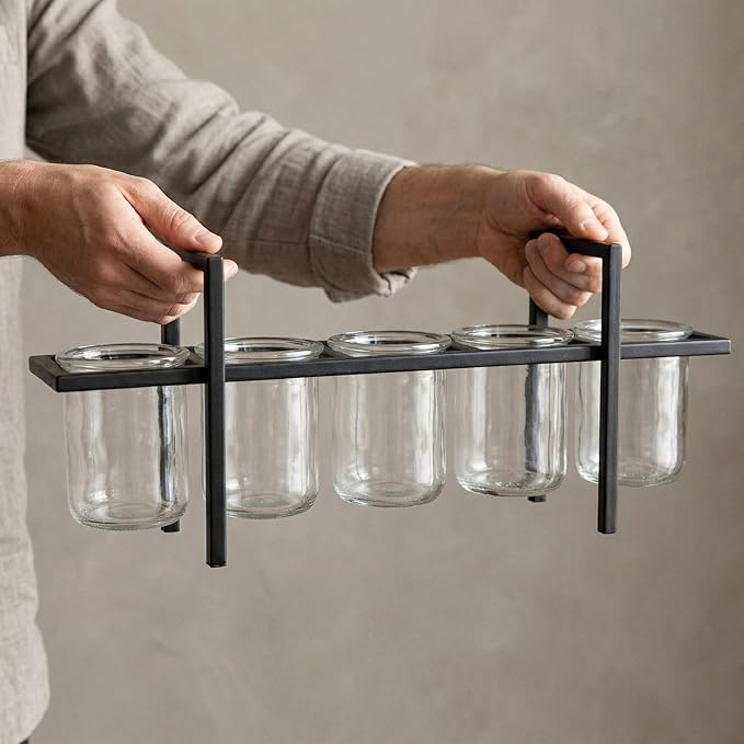 Seraphic 5-Cup Rustic Modern Floating Candle Holder Table Centerpiece Decoration for Dining Room, Kitchen, Patio, Weddings, Metal Iron with Glass Cups, 16" Long