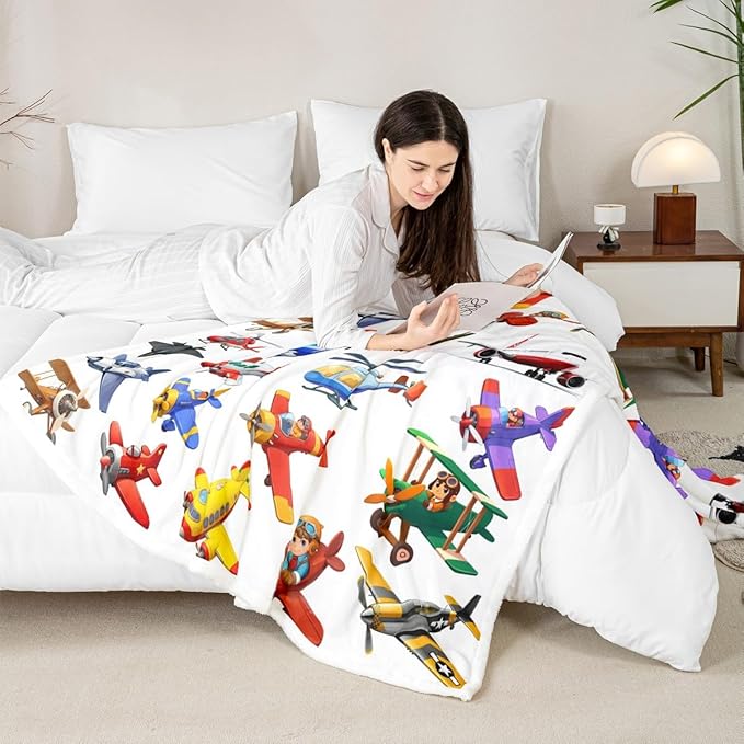 Aircraft Sherpa 3D Print Airplane Throw for Kids Teen Boys, Fighter Flight Helicopter Fleece Blanket, Cartoon Aviation Theme Fuzzy Ultra Soft Baby 30"x40" White