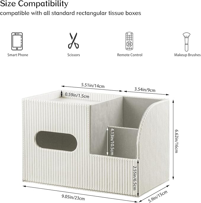 Fanousy Modern PU Leather Cube Tissue Box Cover with Storage Tray, Multifunctional Remote Control Holder & Facial Tissue Dispenser Organizer for Nightstand, Bathroom, Bedroom, Office & Home Decor