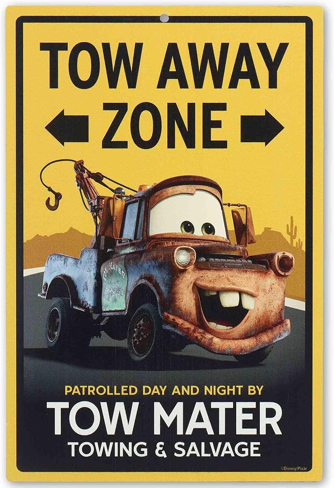 Disney Pixar Cars Tow Mater Tow Away Zone Metal Wall Decor - Fun Cars Sign for Kids' Bedroom or Garage