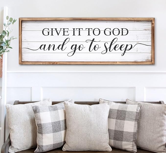 Give It to God and Go to Sleep Sign 42''×15'' Large Above Bed Wall Decor Farmhouse Bedroom Decor Wood Guest Room Decor Framed Wall Art Rustic Master Bedroom Wall Decoration