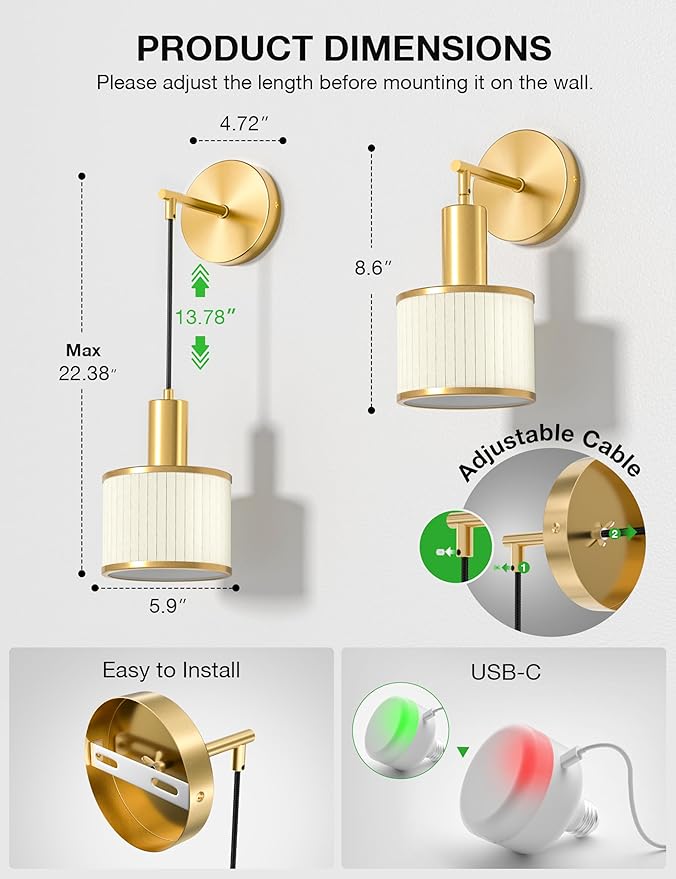 NIORSUN Battery Operated Wall Sconce Set of 2, Gold & Off-White Wireless Rechargeable Wall Lights with 5200mAh Dimmable Detachable Bulbs and Remote, 9 Colors Sconces Wall Decor for Bedroom Living Room