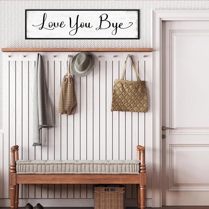 Love You Bye Sign Entryway Hallway Decor, Modern Farmhouse Unique Wall Decor, Family Home Wall Art Decorations to Express Love & Warm 12×40"