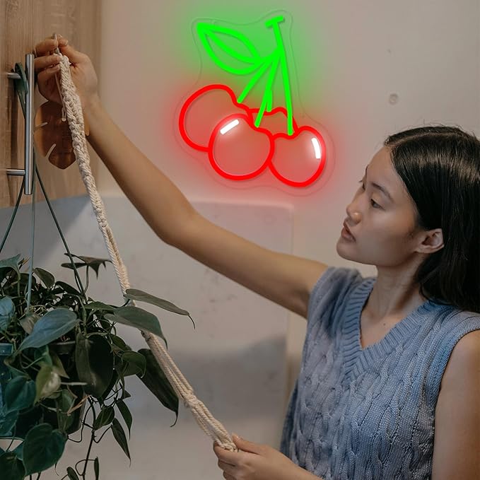 Cherry Neon Sign Cute Red Green Cherries LED Neon Light for Wall Decor Dimmable USB Fruit Light Up Sign for Boys Girls Room Restaurant Birthday Party bar Fruits Shop Decorations