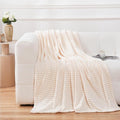 Puncuntex Flannel Fleece Throw Blanket Cream White 50"×60",Super Soft Plush Cozy Blanket with 3D Jacquard Square Grid Design Luxury for Couch Sofa Chair