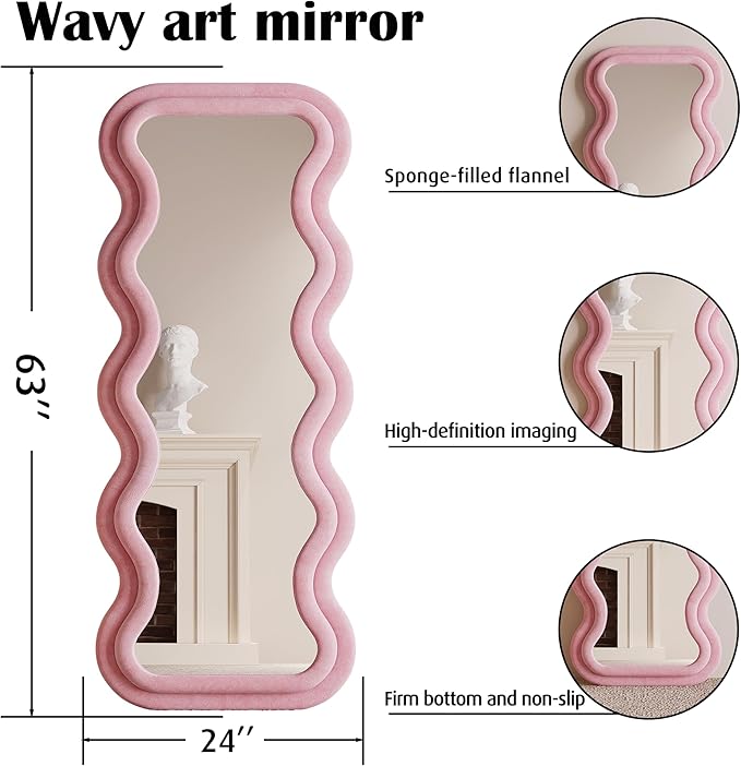 BOJOY Full Length Wavy Mirror, 63"x24", Arched Floor & Wall Mirror - Standing, Hanging or Leaning - Flannel Wrapped Wooden Frame - Pink