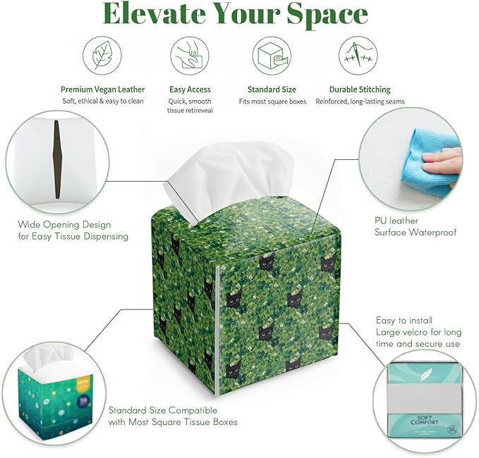 St.Patrick's Day Napkin Tissue Box Cover, Clover Black Cat Waterproof Leather Paper Organizer Dispenser for Table Dining, Bathroom, Nightstand Vanity, Car, Housewarming Gift Ideas, I