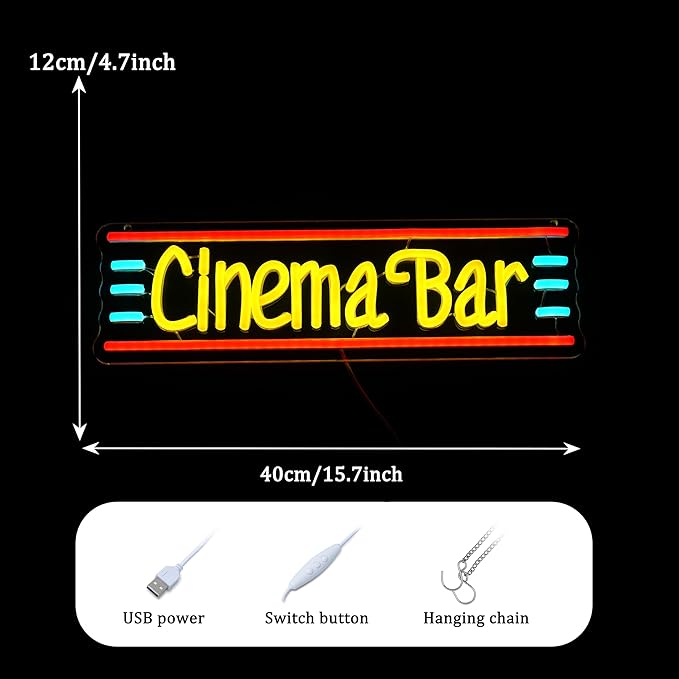 Cinema Bar Neon Sign Movie Theater Neon Light Dimmable Bar LED Light Up Sign Popcorn Theater Neon Light up Sign for Man Cave Cinema Cafe