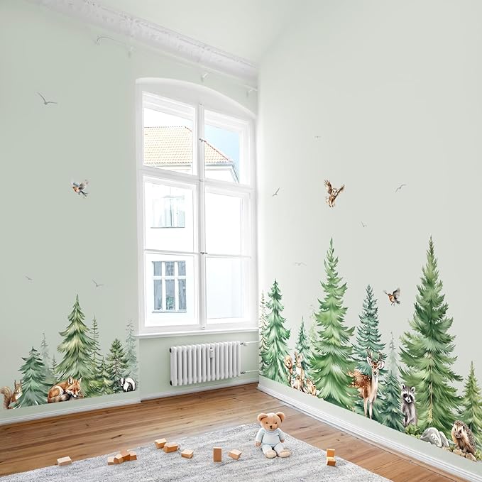 decalmile Large Watercolor Pine Tree Animals Wall Stickers Woodland Forest Tree Fox Deer Bear Wall Decals Baby Nursery Bedroom Living Room Wall Decor