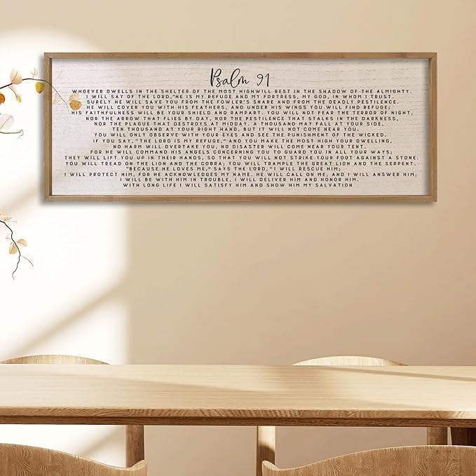 comurdyo Bible Verse Psalm 91 Wall Art Decor 32"X12" Christian Catholic Prayer Sign for Modern Simple Family Large Farmhouse Living Room Wood Framed Wall Horizontal Hanging Decor (Wood)