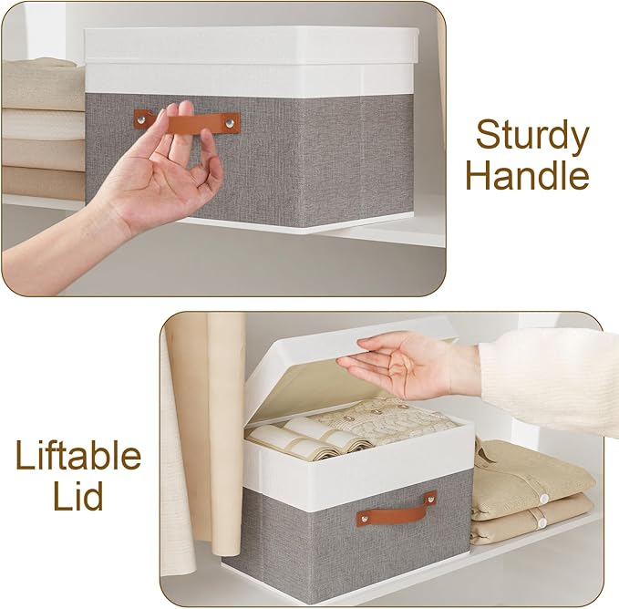 5 Pack Storage Bins with Lids, Linen Foldable Collapsible Boxes, 15 x 9.8 x 9.8 Inch Storage Baskets with Handles for Shelves, White and Grey