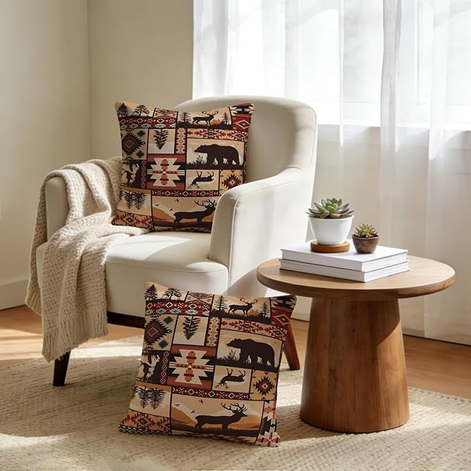 Rustic Wildlife Geometric Bear Throw Pillows Covers Set of 2 18x18 Inch, Retro Brown Bear Moose Decorative Throw Pillowcases, Vintage Pillowcovers for Sofa Living Room Couch Bedroom Cabin Spring Decor