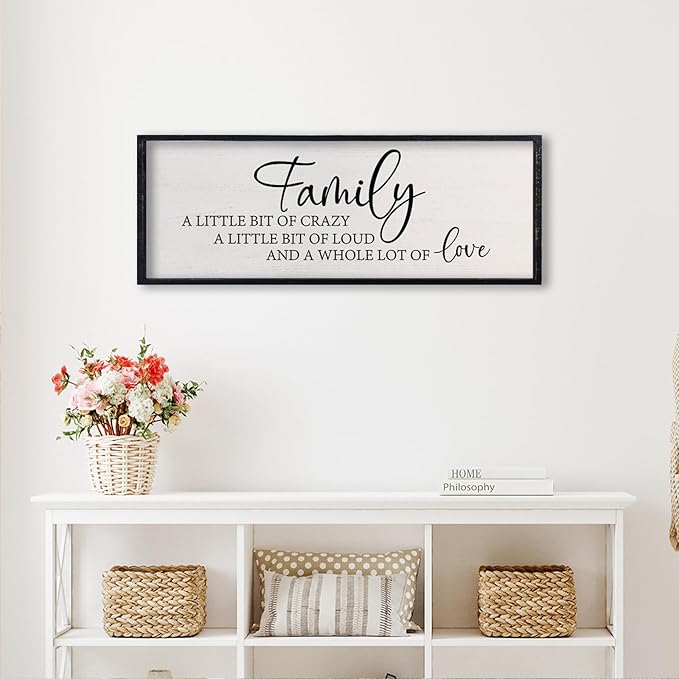 comurdyo Family A Little Bit Of Crazy Sign Wall Decor 32"×12" A Little Bit Loud Inspirational Quotes Large Wood Framed Wall Hanging Art (Black)