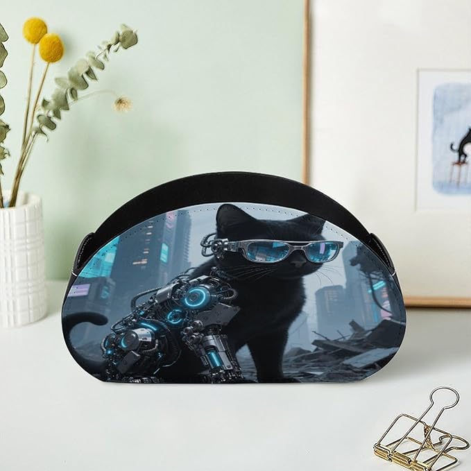 Black Cat Glasses Remote Control Holder Organizer Box with 5 Compartment PU Leather Bedside Storage Caddy Remote Organizer for Controller Media Player Pen/Pencil Storage