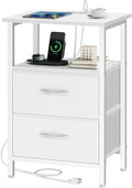 Vagusicc Nightstand with Charging Station, End Table with Fabric Drawers, Side Tables with Storage Shelf, 24.2" Tall Bedside Table with USB Ports & Outlets, Night Stand for Bedroom, White