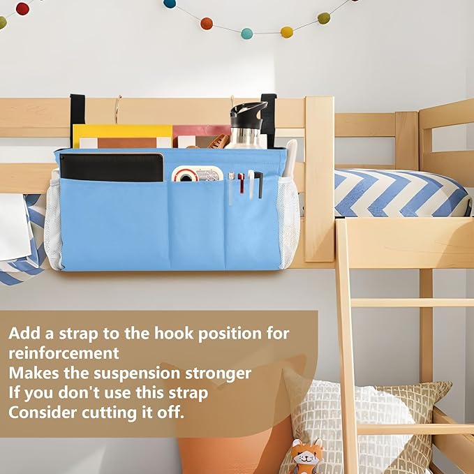 Lake Blue Bedside Caddy Storage Bag Bedside Organizer for Dorm Room Top Bunk Bed Bedside Shelf Hanging Organizer 6 Pockets with Hooks for Glasses Book Tablet Holder