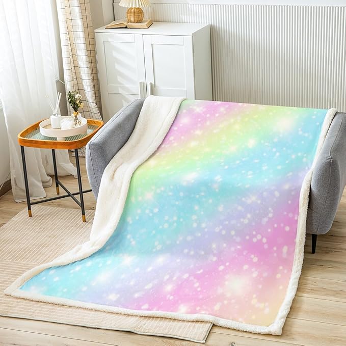 Erosebridal Rainbow Plush Bed Blanket for Kids Girls Teens Tie Dye Pastel Throw Blanket Queen 90"X90" Golden Glitter Girly Sweet Sherpa Blanket Abstract Watercolor Art Fuzzy Blanket Bedroom Decor