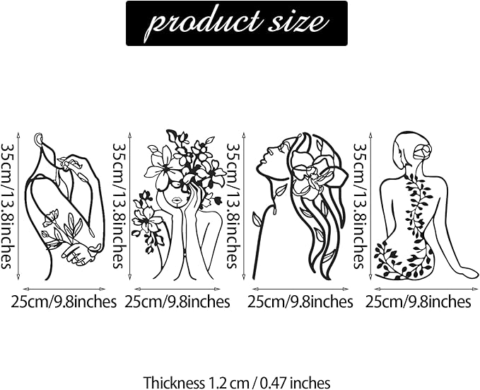 Photect 4 Pieces Metal Wall Art Decor Black Single Line Art Drawing Minimalist Abstract Female Woman Wall Sculptures Hanging Decor Accents for Bathroom Living Room(Modern)