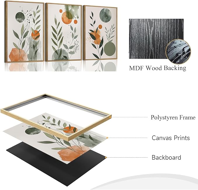 Wodkwq 3 Piece boho Abstract Botanical Canvas Wall Art Framed,Minimalist Watercolor Wall Art,Modern Nordic Wall Decor,Orange Sage Green Prints For Living Room,Bedroom,Office 12x16in