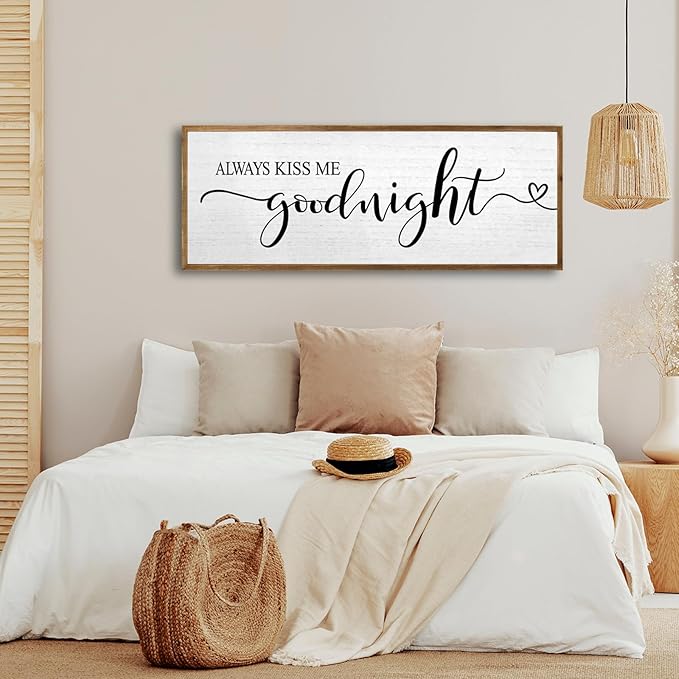 Always Kiss Me Goodnight Wall Sign 40''×15'' Vintage Master Bedroom Above Bed Farmhouse Wooden Framed Family Wall Decor for Larg Couples Over Bed Wall Art Decoration (Wood)