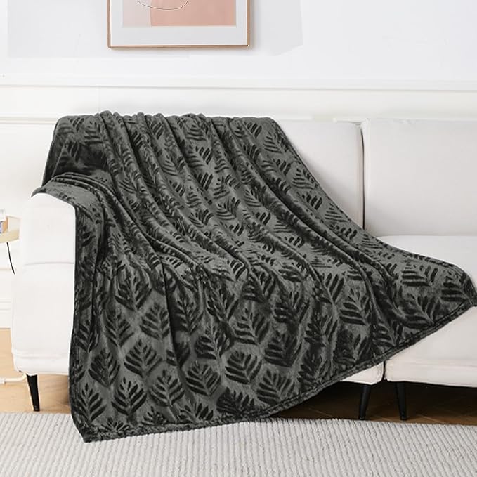 Exclusivo Mezcla Queen Size Fleece Blanket for Bed, Super Soft and Cozy Blankets All Season Use, Leaves Pattern, Plush Fuzzy Lightweight, Dark Grey, 90x90 Inch