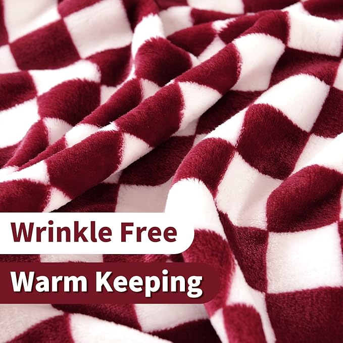 FY FIBER HOUSE Checkered Flannel Fleece Throw Blanket King Size Soft Cozy Checkerboard Grid Print Chessboard Pattern Blankets for Bed Couch Sofa, 90"x108", Burgundy