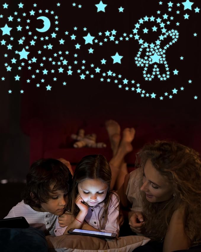 Greingways 201 Pcs Glow in The Dark Stars Stickers for Ceiling Bedroom, Stocking Stuffers for Kids Ages 3-5, 4-8, 8-12, Boys Girls Room Decor Wall Stickers Stocking Stuffers for Toddler-Blue