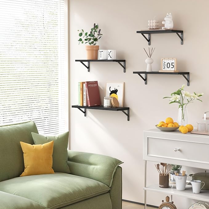 YGEOMER Black Shelves for Wall, Black Wall Floating Shelves Different Sizes for Living Room, Bathroom, Bedroom, Kitchen, Home Decor (Set of 4)
