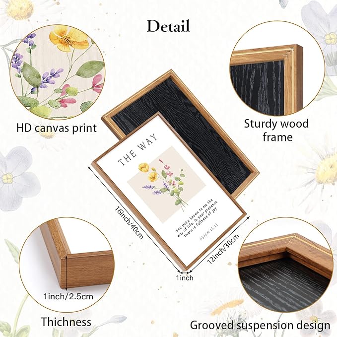 CHDITB Floral Christian Framed Canvas Wall Art Set, Bible Verse Wall Decor, The Way The Truth The Life Wall Painting,Botanical flowers Scripture Art Prints for Living Room Prayer Decor(12X16 Inch)