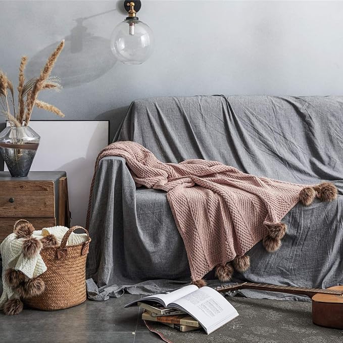 vctops Fur Pom Pom Knit Throw Blanket Super Soft Warm Cozy Cable Knitted Blanket for Sofa and Couch 51 x 63 Inch Light Coffee