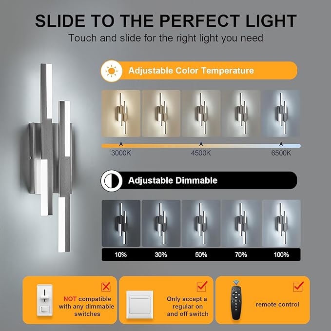 Modern LED Wall Sconce Silver Remote Wall Light Fixtures for Bathroom, Dimmable Vanity Light Indoor LED Remote Wall Sconce for Bedside Bedroom Living Dining Room (1 Pack 3000-6500K 19.7inch)