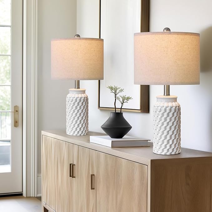 20.5" Small Bedside Lamps Set of 2 with 5FT Cord, White Ceramic Modern Farmhouse Table Lamps for Nightstand, Living Room, Bedroom, 3D Honeycomb Stylish End Table Lamps(Bulb Not Included)