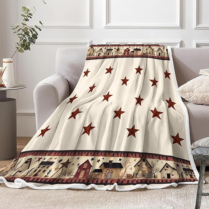 JAWO Rustic Country Throw Blankets, Primitive Barn Star Cozy Warm Bed Couch Blanket, Christmas Farmhouse Theme Fleece Flannel Throws to Decorate The Room and Bedroom 60X90IN